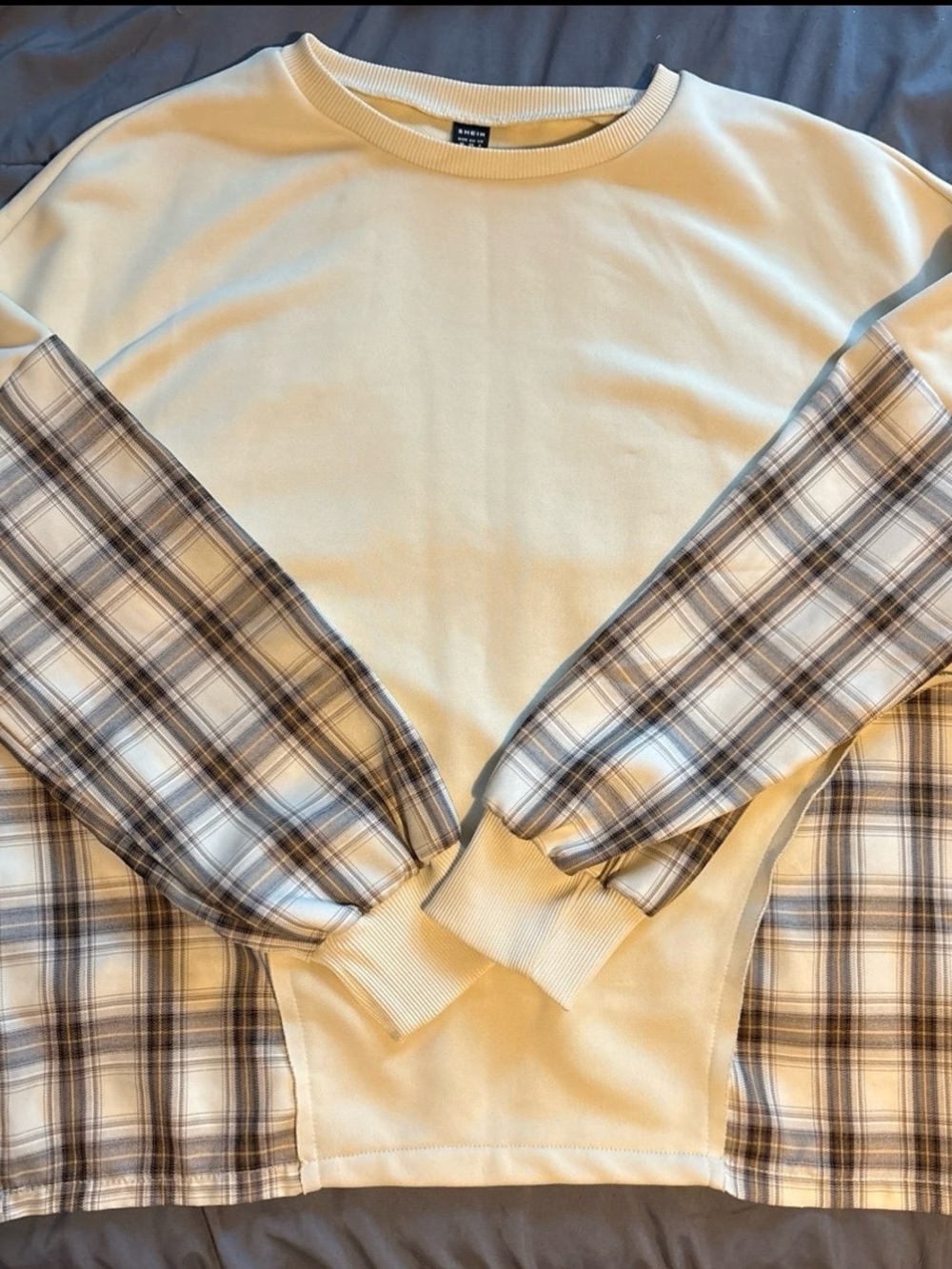Cream Pullover with Plaid Sleeve Detail